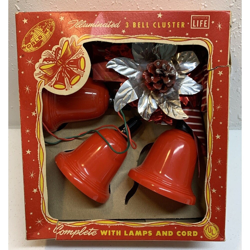 Vintage Christmas 3 Bell Cluster With Flower Light Up Swag World Wide Prop Box